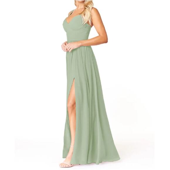 Azazie A-Line Pleated Chiffon Floor-Length Chanel Dress Dusty Sage A0 - Picture 1 of 10